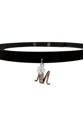 纯银银字母吊坠真皮皮项圈锁骨链