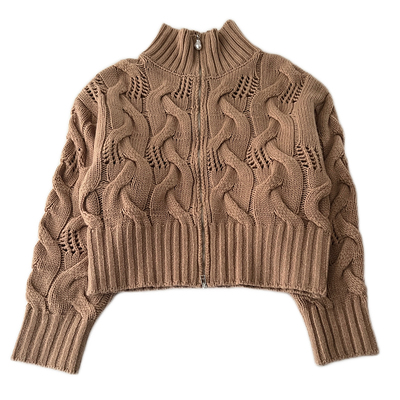 羊毛复古绞花高领双拉链针织开衫