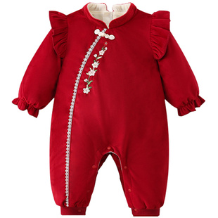 百天婴儿衣服秋冬装女宝宝红色加绒连体衣满月周岁礼服喜庆拜年服
