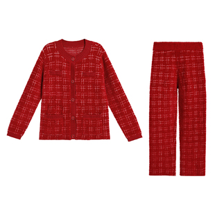 爱慕香遇睡衣女秋冬加绒抗静电圆领开衫可外穿套装本命年红家居服