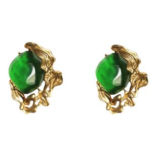 小众中古~夸张绿琉璃复古气质大耳环耳夹欧美法式奢华高级感耳饰