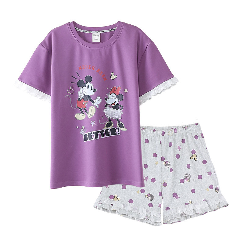 Disney迪士尼夏季套头短袖短裤纯棉带胸垫卡通印花大码家居服0324