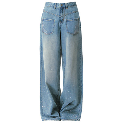 易碎商店纯棉水洗阔腿裤牛仔裤