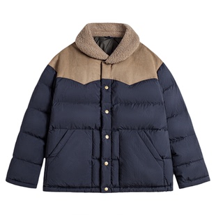 马登工装美式复古撞色绒领90白鸭绒羽绒服翻领保暖夹克外套男秋冬