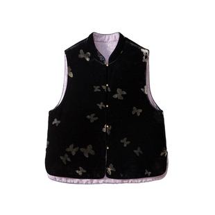 高定 100%桑蚕丝底布乔绒雕印金蝶国风真丝夹棉马甲外穿加厚马夹