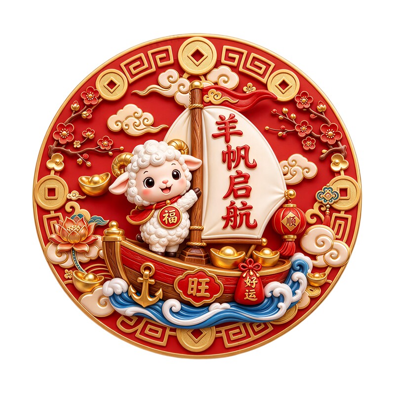 羊帆启航墙贴圆形萌羊帆船国潮羊年新春喜庆家居防水自粘装饰贴纸