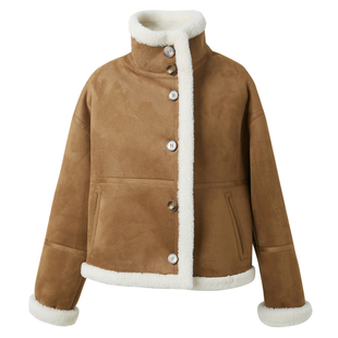 ibudu2025冬季新款仿麂皮颗粒绒环保皮草机车外套宽松潮酷