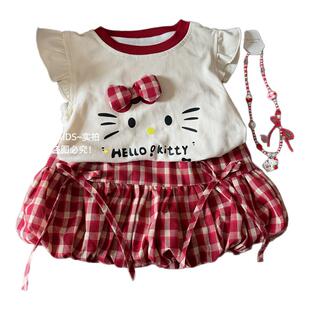 女童套装2025新款夏季女宝宝卡通可爱KT猫上衣＋格子花苞裙两件套