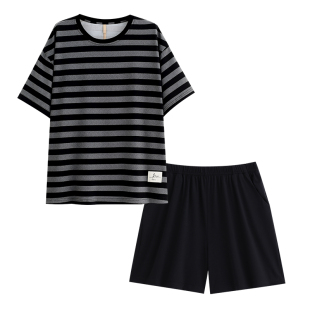 睡衣女士夏季纯棉短袖短裤家居服夏款薄款条纹休闲可出门外穿套装