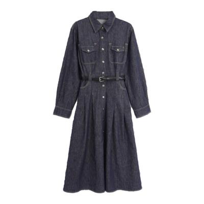 西町村屋法式气质收腰长袖连衣裙