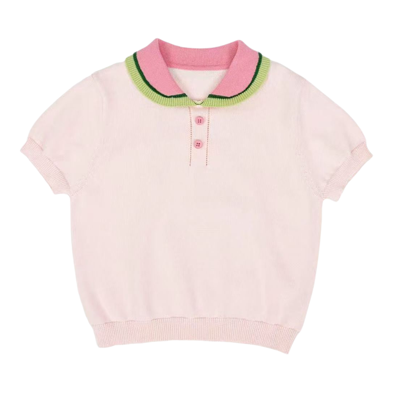夏季女童POLO领撞色薄款针织衫
