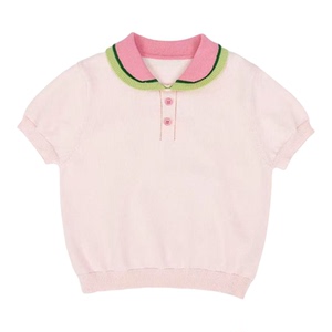 夏季女童POLO领撞色薄款针织衫