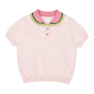 糖果风女童POLO领短袖针织衫2026夏季新款女宝宝撞色薄款百搭上衣