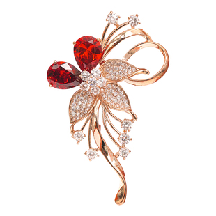 A玫瑰金红色宝石花朵气质胸针女高档轻奢高级感小众西装大衣配饰