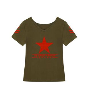 水兵舞黑色V领短袖大红五角星上衣女广场舞长袖纯棉T恤大码舞蹈服
