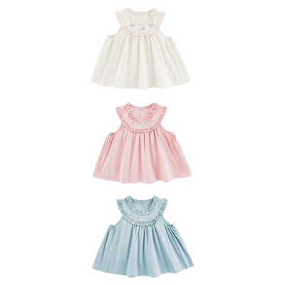 幼悠女童双层抽褶木耳花边娃娃衫夏季软萌小兔刺绣无袖背心衬衫潮