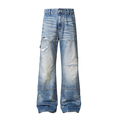 CATSSTAC 神驹马毛牛仔伐木裤 宽松直筒 水洗做旧破洞 休闲百搭