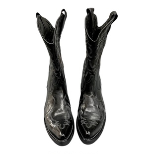 暗黑复古西部牛仔靴男女尖头刺绣骑士靴中筒巫师靴雕花机车马丁靴