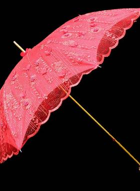 新品结婚红伞蕾丝刺绣长柄伞晴雨两用中式婚礼出嫁红色喜庆新娘伞