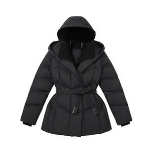 HiSaily商场同款95白鹅绒设计感羽绒服女连帽束腰黑色短款冬新品