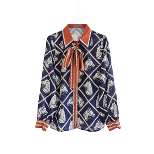 薛之谦同款老钱马头定位印花绸缎领结衬衫女2026长袖翻领丝滑衬衣