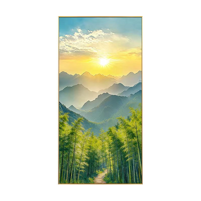 手绘油画玄关风景装饰画旭日东升竹子竹林挂画走廊过道轻奢大芬村