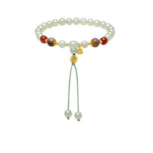 周六福和田青玉手串女S925银玛瑙手链手饰时尚优雅新年礼物送女友