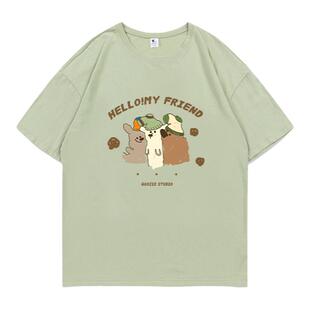 Guozii-奶绿色情侣款正肩短袖t恤女oversize棉短袖可爱印花体恤夏