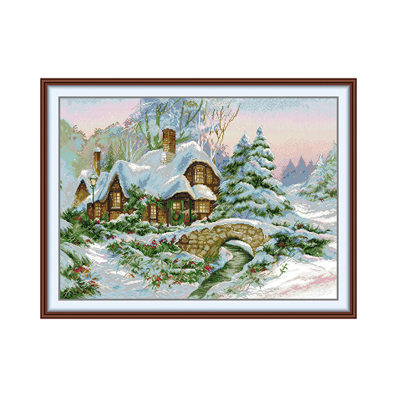 冬日雪中小屋十字绣 欧式童话森林石拱桥雪景圣诞风景客厅挂画