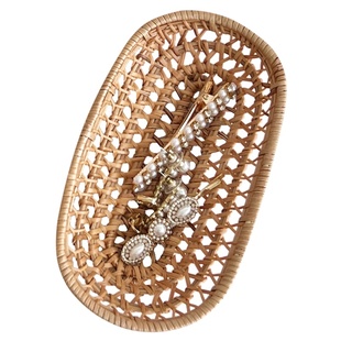 ins风藤编收纳盒文具杂物收纳盘手工编织首饰托盘桌面玄关置物盘