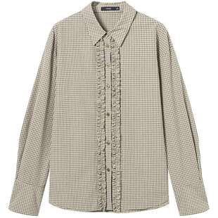 【100%棉】衣香丽影格纹长袖衬衫女2026春季新款全棉通勤咖色上衣