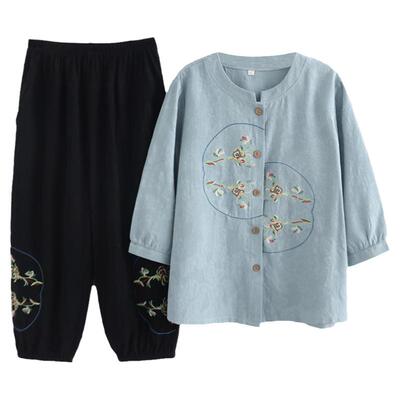 母亲节衣服七分袖绣花棉麻套装女
