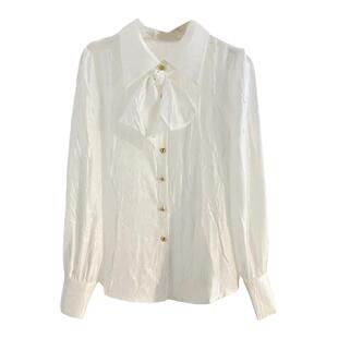 法式高级感气质翻领蝴蝶结长袖衬衫女秋季褶皱洋气打底小衫上衣白