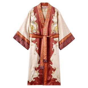 美标中国风桑蚕丝浴袍男士春夏季真丝睡衣睡袍手工刺绣丝绸家居服