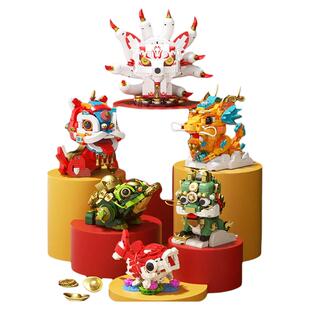 JAKI佳奇积木招财神兽国潮拼装办公桌面摆件送礼物好寓意升职加薪