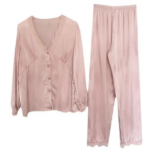 桑蚕丝真丝睡衣女网红薄款秋绸缎V领蕾丝花边春秋长袖长裤家居服