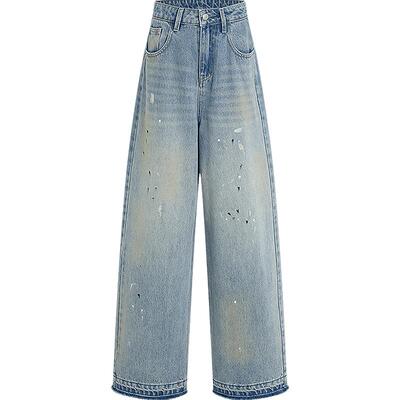 KBNE牛仔裤女100%棉直筒裤2026秋季新款百搭高级泼墨设计感长裤