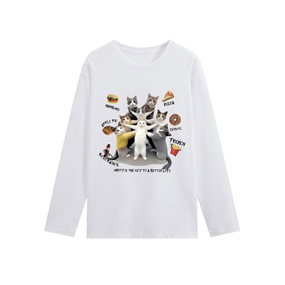 创意猫咪260g纯棉长袖t恤女男2025秋冬季新款情侣装宽松大码T上衣