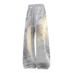查尔斯桃心星星印花豹纹渐变休闲裤男女春上心百搭宽松直筒长裤子
