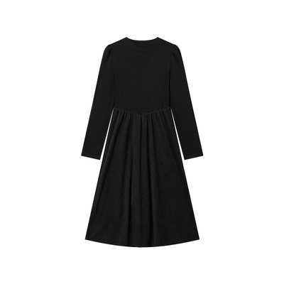 森马拼接灯芯绒正肩黑色连衣裙女