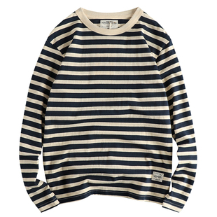 阿美咔叽复古重磅双纱全棉水洗长袖T恤男 撞色条纹欧美海魂打底衫
