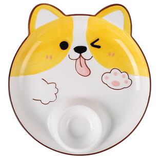 日式饺子盘子带醋碟可爱陶瓷创意分格盘高颜值儿童家用卡通早餐盘