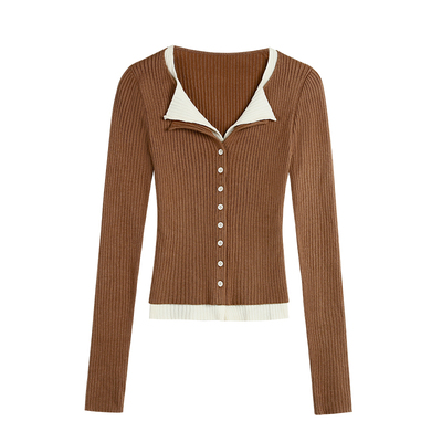 假两件翻领毛开衫修身拼色