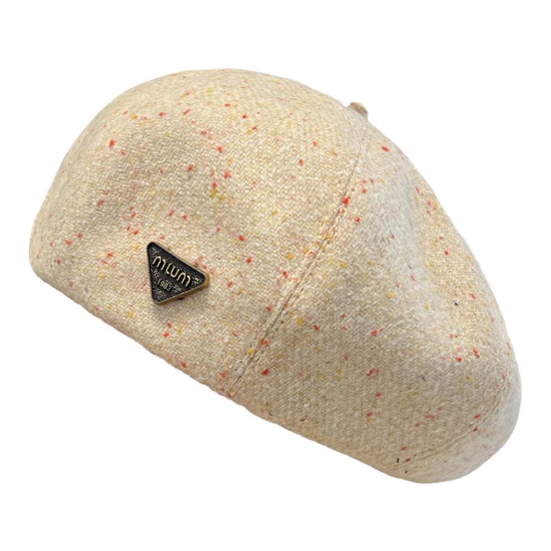 韩版彩色颗粒倒三角字母小标贝雷帽子女春秋季时尚百搭气质画家帽