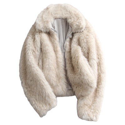 纯色翻领柔软人造毛效果外套女