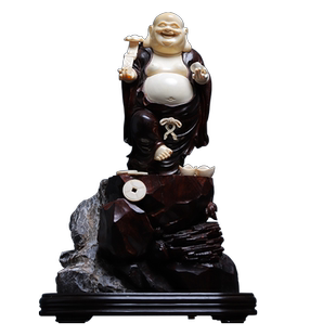小叶紫檀镶嵌猛犸牙雕摆件【弥勒佛】摆件雕刻细腻传神 收藏送礼