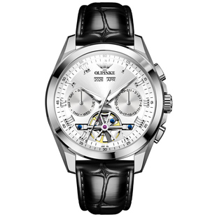 瑞士欧品客品牌正品真皮带商务休闲手表男士机械表全自动男款腕表