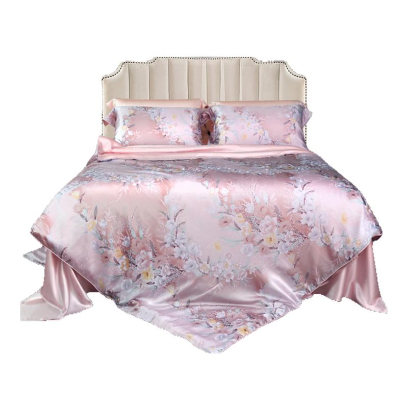絲若水真絲四件套床上用品100%桑蠶絲印花配純色絲綢套件結(jié)婚禮物