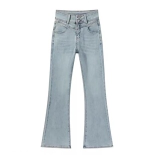 李李服饰甜心蕾丝蝴蝶结设计微喇牛仔裤女25冬款丰胯高腰提臀长裤