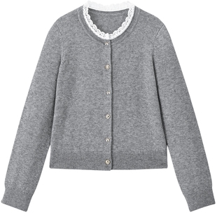 乐町撞色花边领针织开衫女春夏新款基础正肩内搭毛衣含羊毛外套